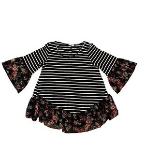 2/$18 Sale Frumos Knit Top Women XXL Striped Floral Shirt Sheer Tee Bell Sleeve‎